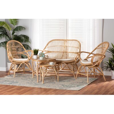 Chaunta Modern Bohemian White Fabric Upholstered And Natural Brown Finished Rattan 5-Piece Living Room Set
