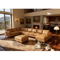 Fowlerville 174" Wide Leather Match Right Hand Facing Corner Sectional with Ottoman by Wade Logan