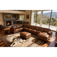 Fowlerville 174" Wide Leather Match Right Hand Facing Corner Sectional with Ottoman by Wade Logan