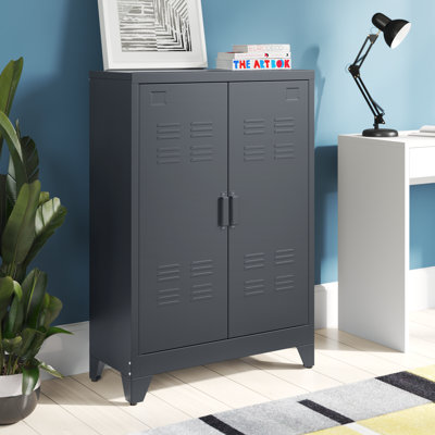 Heslin Industrial Style Steel Storage Cabinet, Metal Storage Organizer With 2-Tier Adjustable Shelves For Living Room Or Home Office