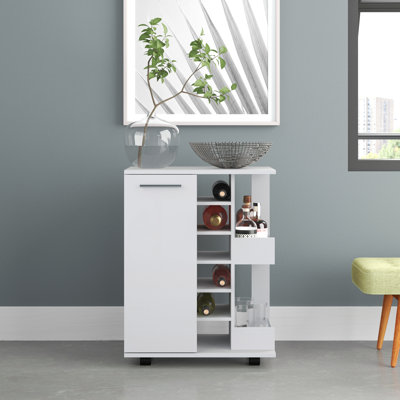 Rolling Bar Cart with Two External Shelves, a Single Door and Six Built-In Wine Rack by Wade Logan