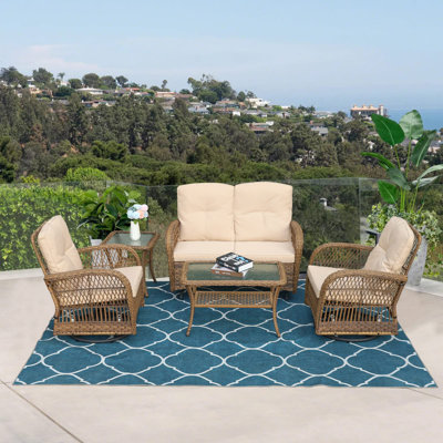 5 Piece Rattan Sofa Seating Group with Cushions