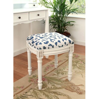 Navy Blue Cheetah Print Linen Upholstered Vanity Stool With Distressed Gray Finish And Welting by Canora Grey
