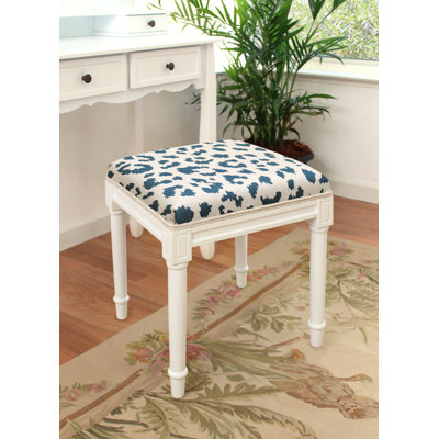 Navy Blue Cheetah Print Linen Upholstered Vanity Stool With Distressed Gray Finish And Welting