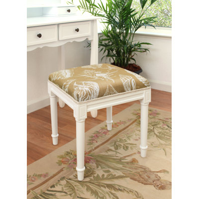 Navy Blue Seashells Linen Upholstered Vanity Stool With Distressed Gray Finish And Welting by Canora Grey