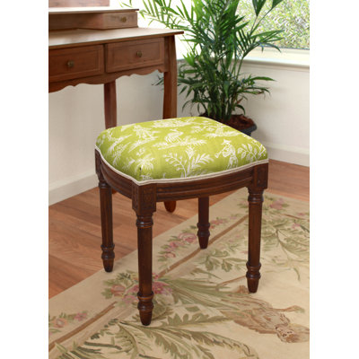 Camillia Jade Green Canton Garden Linen Upholstered Vanity Stool With Wood Stain Finish And Welting by Canora Grey