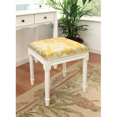 Camic Tan Peony Linen Upholstered Vanity Stool With Wood Stain Finish And Welting by Canora Grey