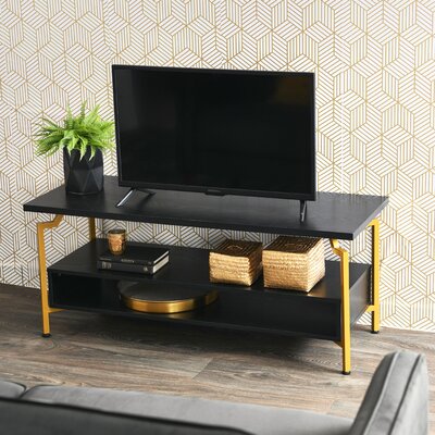 Shlome Crown TV Stand with Rectangular Storage Compartment Rustic Wood Grain and Metal by Everly Quinn