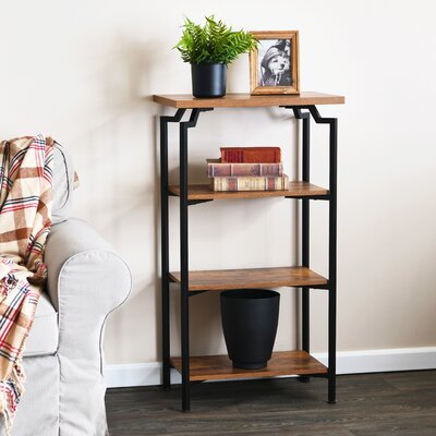 Shlome Crown Narrow 4 Shelf Open Storage Bookshelf Rustic Hickory Wood Grain and Metal by Everly Quinn