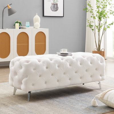 Velvet Accent Button-Tufted Ottoman Bench With Metal Legs .