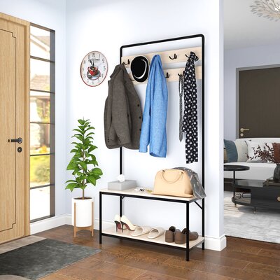 Livvie Oak Hall Tree With Shoe Storage Bench-32*12*67 Inches by 17 Stories