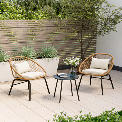 3 Piece Patio Bistro Rattan Chair & Table Set with Cushions