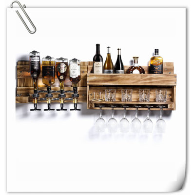 Wine Rack Wall Mounted Wood Shelf with Bottle Stemware Holder Storage Rack with 4-Bottle Dispenser