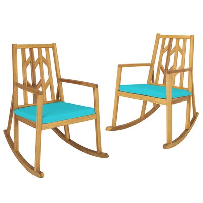 Foundry Select Set Of 2 Outdoor Acacia Wood Rocking Chair Wooden Patio Rocker W/ Red Cushion by Foundry Select