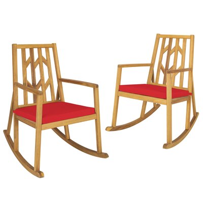 Foundry Select Set Of 2 Outdoor Acacia Wood Rocking Chair Wooden Patio Rocker W/ Red Cushion by Foundry Select