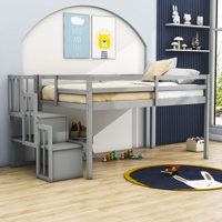 Demarcos Twin Size Wood Loft Bed with Shelves and Staircase by Harriet Bee