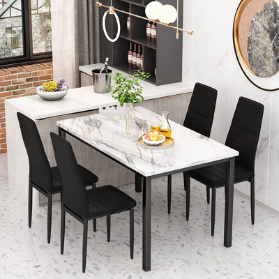 Modern Style 5-Piece Faux Marble Top Dining Table Set With 4 Faux Leather Upholstered Dining Chairs by Latitude Run