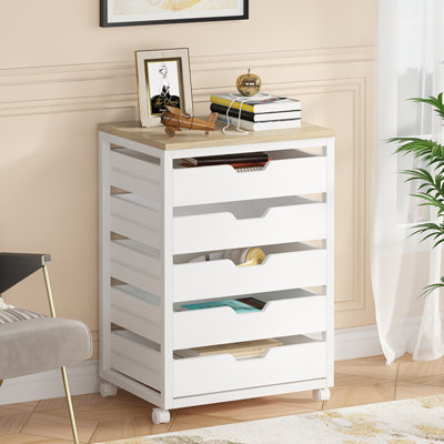 5 Drawer Chest, Wood Storage Dresser Cabinet With Wheels, Industrial Storage Drawer Organizer Cart For Office Bedroom Entryway by 17 Stories