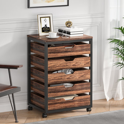 5 Drawer Chest, Wood Storage Dresser Cabinet With Wheels, Industrial Storage Drawer Organizer Cart For Office Bedroom Entryway by 17 Stories