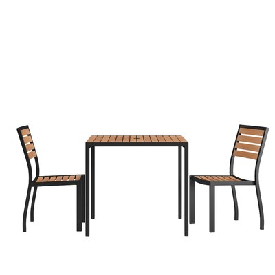 Abigial Indoor/Outdoor Square Steel Framed Table with 2 Stackable Faux Teak Chairs