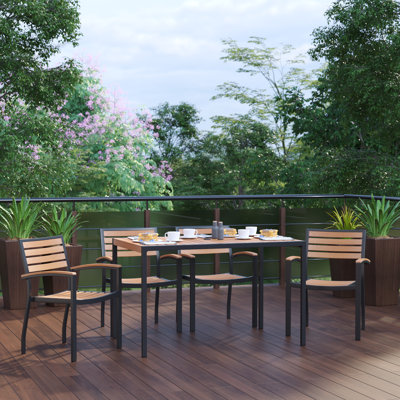 Abdul-Raheem Black Steel Framed 30" x 48"Faux Teak Table with Umbrella Hole & 4 Club Chairs by Red Barrel Studio