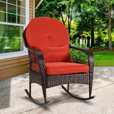 Outdoor Wicker Rocking Chair, Patio Rattan Rocker w/Lumbar Pillow, Padded Seat & Back Cushions, Metal Frame, Wicker Furniture for Balcony, Porch, Deck by Red Barrel Studio