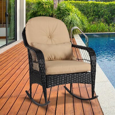 Outdoor Wicker Rocking Chair, Patio Rattan Rocker w/Lumbar Pillow, Padded Seat & Back Cushions, Metal Frame, Wicker Furniture for Balcony, Porch, Deck by Red Barrel Studio