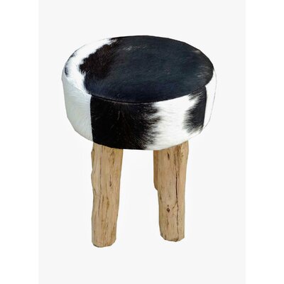IVY Round Stool In Black & White Cow Hide With Rustic Wood Legs by Loon Peak