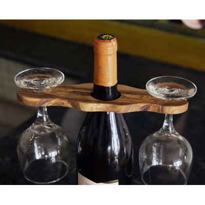 Kitchenware Olive Wood Bow Shaped Wine Bottle And Wine Glass Holder by KAMSAH