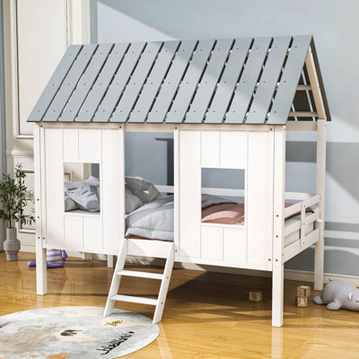 Twin Size Wood Loft House Bed With Roof And Windows by Harper Orchard