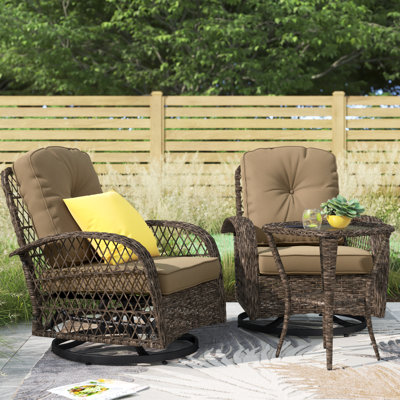 Denison 2-Person Outdoor Seating Group, Wicker Swivel Chairs with Cushions and Side Table