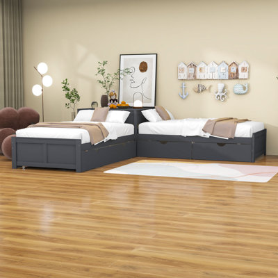 L-Shaped 2 Drawers Twin Size Platform Beds With Twin Size Trundle by Red Barrel Studio