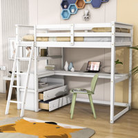 Twin Size 2 Drawers Wooden Loft Bed With Built-In Desk And Shelves by Harriet Bee