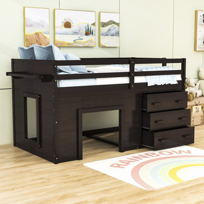 Wood Loft Bed,Twin Size Low Loft Bed With Drawers by Harriet Bee