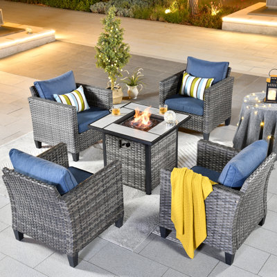Lovall Rattan Wicker 4 - Person Seating Group with Fire Pit and Cushions by Ebern Designs