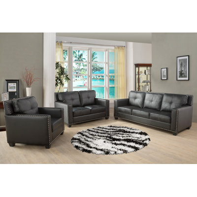 3 PCS Faux Leather Sofa Couch Set, Black Living Room Set With Sofa, Loveseat And Chair by Red Barrel Studio