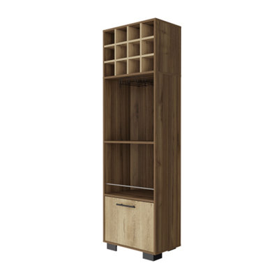 Aubree Corner Bar Cabinet with 12 Wine Cubbies, 2 Shelves, Cabinet, Glass Rack, Mahogany/ Macadamia