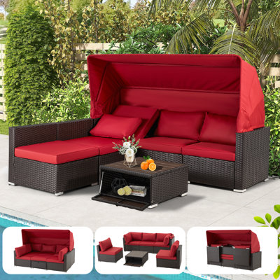 7 Pieces Patio Furniture Sets, Rattan Daybed With Retractable Canopy, Outdoor Sectional Sofa Set With Adjustable Backrest, Chaise Chair by Latitude Run