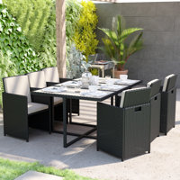 7 Piece Outdoor Patio Dining Set with Acacia Table & 6 Wicker Chairs by Latitude Run