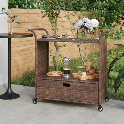 Outdoor Bar Cart 2-Tier Serving Cart Rolling Utility Cart PE Rattan by Red Barrel Studio