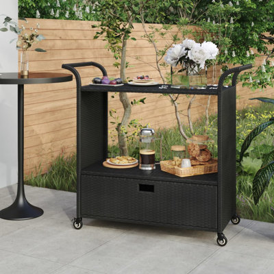 Outdoor Bar Cart 2-Tier Serving Cart Rolling Utility Cart PE Rattan by Red Barrel Studio