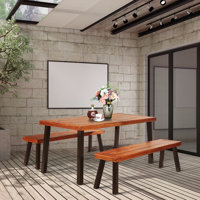 Foundry Select 3-piece Outdoor Acacia Wood Picnic Dining Table And Stool Set With Umbrella Hole by Foundry Select