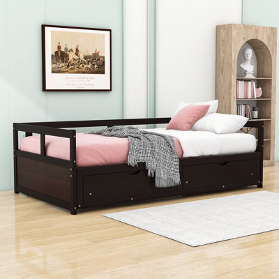 Twin Size 2 Drawers Wooden Daybed with Trundle, Extendable Bed by Red Barrel Studio