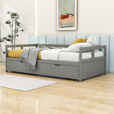 Twin Size 2 Drawers Wooden Daybed with Trundle, Extendable Bed