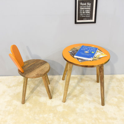 Handmade 100% Mango Wood Kids Round Shaped Rabbit Theme Indoor Table & Chair by Zoomie Kids