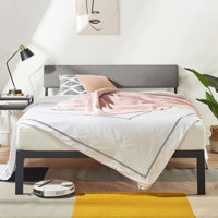 Twin Size Grey Soft Fabric Metal Headboard Platform Bed Wooden Slats