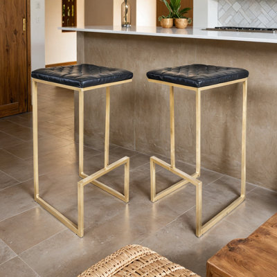 Mengia Leather Bar Stool Upholstered Counter Stool with Quilted Seat and Gold Steel Sled Base Kitchen Stool by 17 Stories