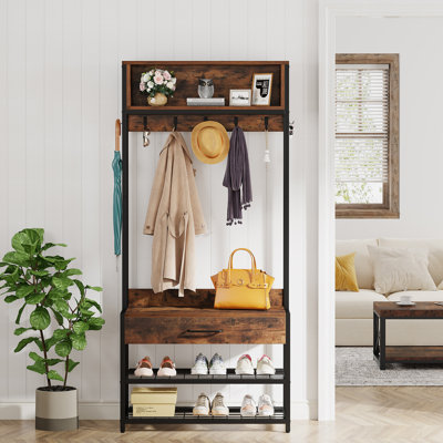 4-In-1 Entryway Coat Rack, Vintage Industrial Hall Tree With Shoe Bench And Hutch by 17 Stories
