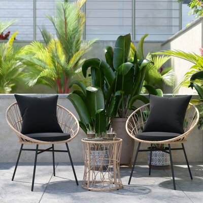 Pirtle 3-Piece Indoor/Outdoor Bistro Set, Papasan Style Rattan Rope Chairs, Glass Top Side Table & Cushions by Bay Isle Home