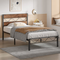 Abigael Industrial Metal Platform Bed Frame with Wood Headboard, Underbed Storage, Noise-Free, No Box Spring Needed-Twin/Full/Queen Size Bed Frames